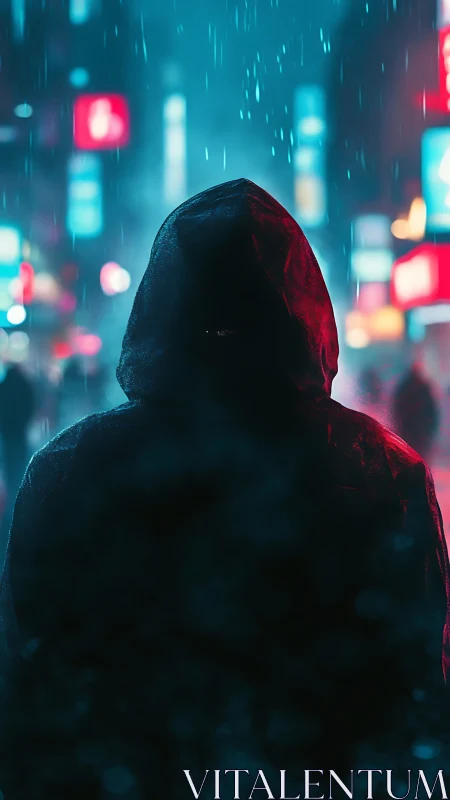 Hooded cipher stalks neon rain in a blurred cyber city night.