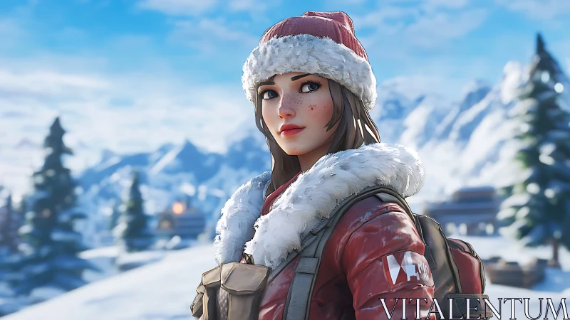 Winter explorer avatar in crisp mountain landscape scene.