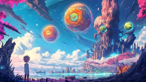 Surreal alien skyline unfolds under swirling cosmic orbs.