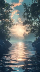 Volumetric sunrise over reflective river corridor simulation.