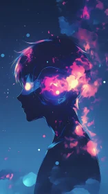 Neon dreamwalker boy wired into a cosmic aurora hush.