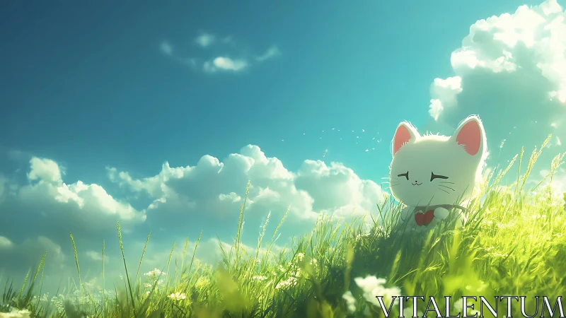 Sunlit anime kitten on luminous grass slope with heart charm.