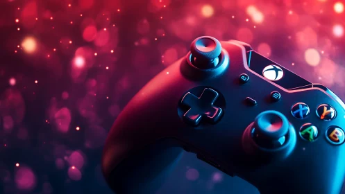 Gaming Controller with Neon Rim Lighting in Bokeh Environment