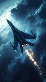 Stealth fighter jet pierces storm clouds with afterburners