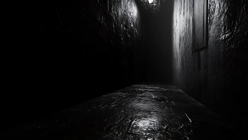 Narrow wet corridor recedes into darkness under harsh light
