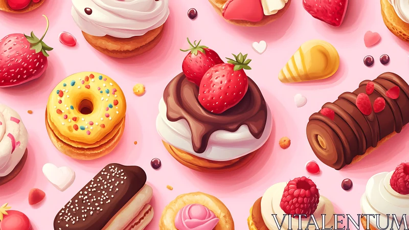 Digital dessert pattern with colorful donuts and pastries.