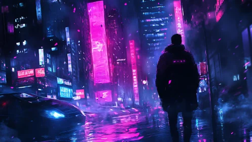 Midnight wanderer in neon drenched cyberpunk city streets.