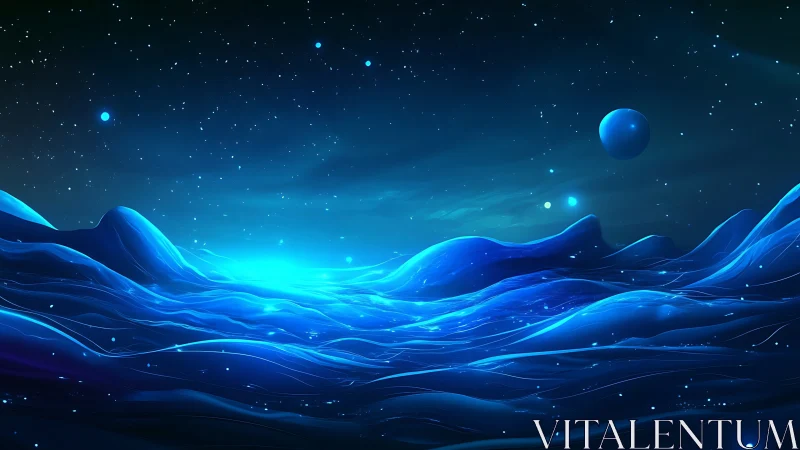 Dreamy cosmic waves glowing beneath a starry sky.