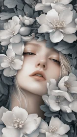 Female portrait framed by large monochrome flowers.