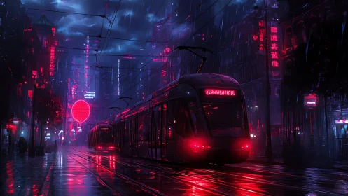 Neon night tram gliding through a rain-soaked cyber city.
