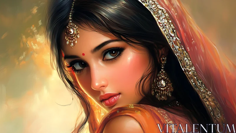 Digital portrait depicts woman in traditional embellished attire