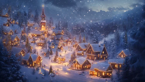 Snow-kissed Christmas village humming with lantern warmth.