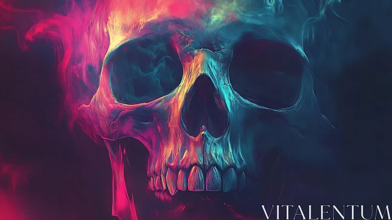 Bicolor vapor-illuminated skull in luminous spectral haze.