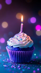 Cupcake with lit candle against soft-focused bokeh background