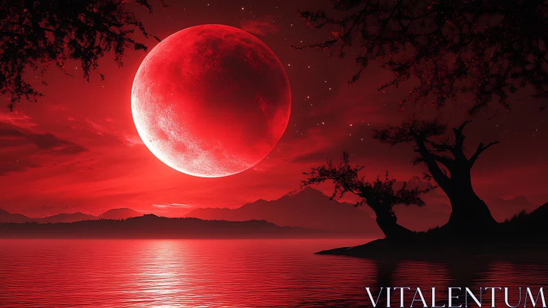Crimson lunar eclipse dominates silhouetted lakeshore trees and peaks