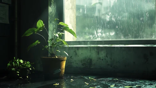 Photoreal botanical still life in rainlit industrial window bay.