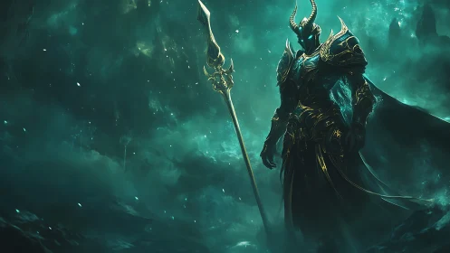 Mythic armored warlord in luminous abyssal environment.