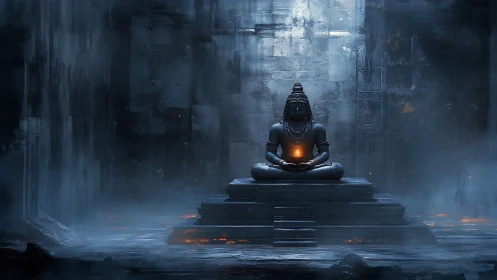 Monolithic stone deity in misted temple chamber with central ember