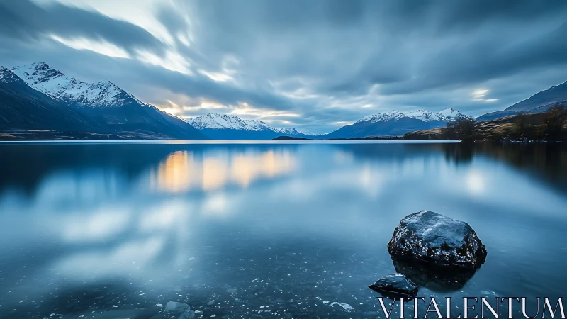 Clouded mountain lake reflects distant snow-covered peaks