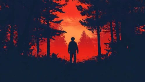 Silhouette lingers where midnight forest meets burning dawn