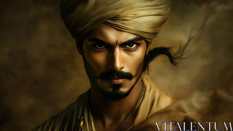 Intense warrior portrait glows in warm golden-brown light