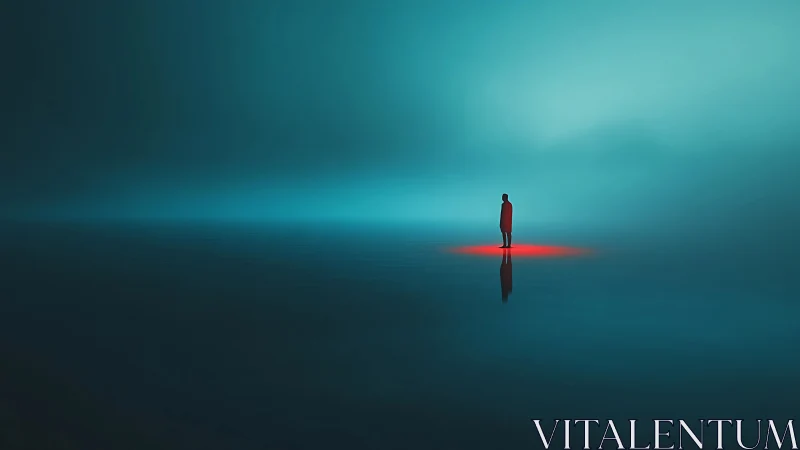 Minimalist digital painting of lone figure in neon mist horizon.