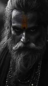 Monochrome portrait isolates intense gaze of ascetic elder sage
