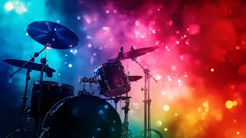 Drum kit silhouette in neon bokeh concert lights glow.