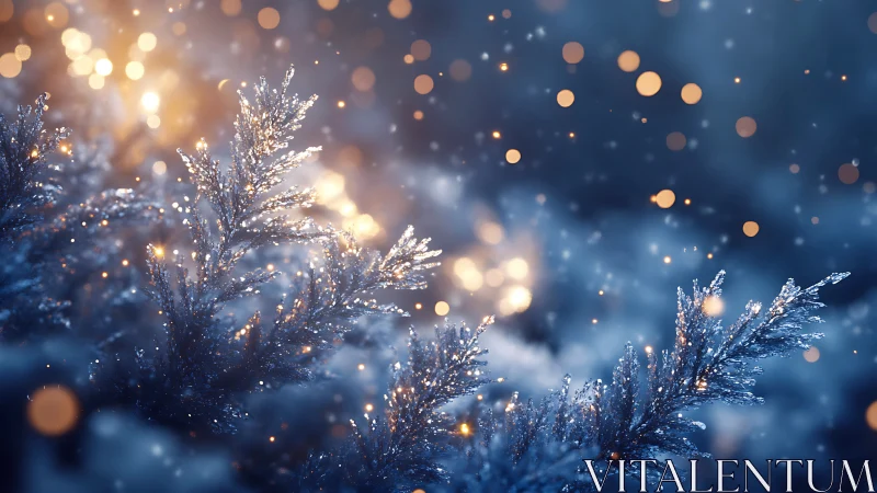 Snow covered evergreen branches glow against blurred winter lights