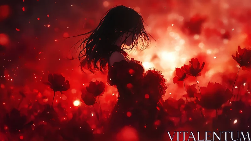 Silhouetted girl stands in crimson poppy dusk bloom field.