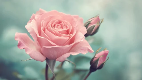 Pink Rose Bloom with Soft Focus Buds Against Muted Sky