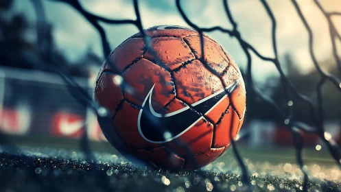 Macro focus on wet football captured in dynamic net tension.