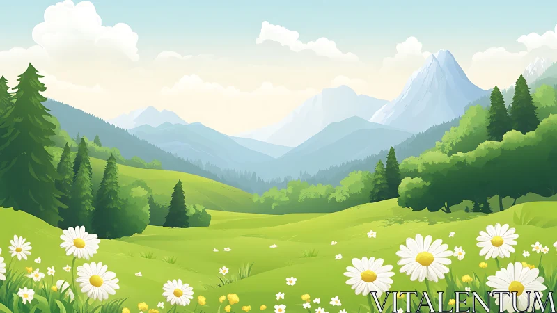Idyllic alpine meadow with daisies under layered blue mountains.