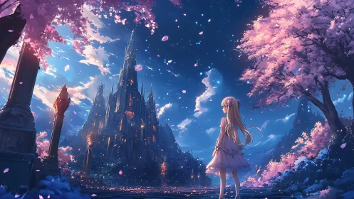 Starry spring night before an illuminated fairy-tale castle.