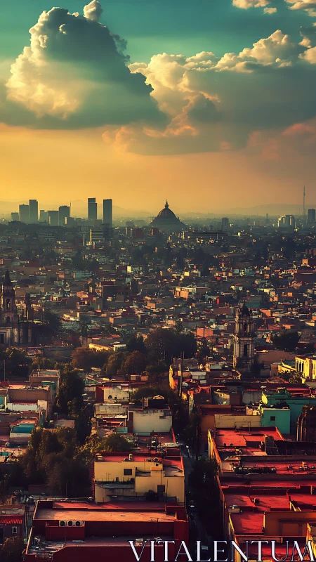 Sunlit Latin American skyline beneath towering stormclouds.