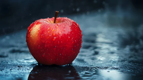 Macro closeup of wet red apple on reflective dark surface