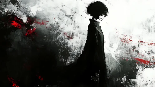 Silhouetted figure in high-contrast monochrome brushwork field