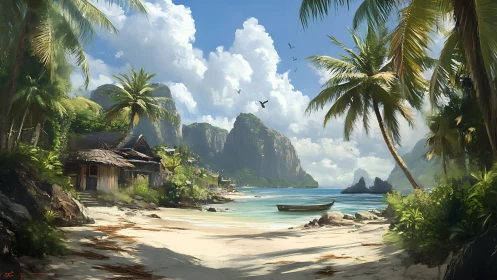 Tropical Lagoon Settlement: Limestone Karst Archipelago Digital Rendering