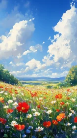 Wide-angle meadowscape with impasto wildflowers and cumulus clouds