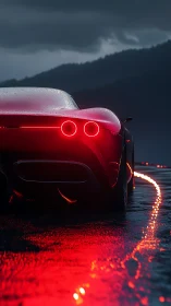 Red sports car taillights illuminate wet road at dusk