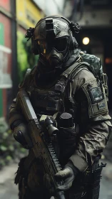 Futuristic urban soldier ready for a covert city mission.