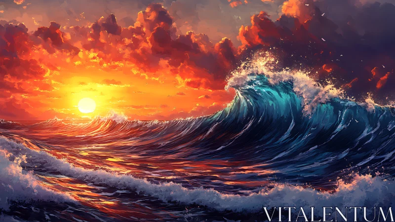 Sunset illuminates large ocean wave under dense cloud cover