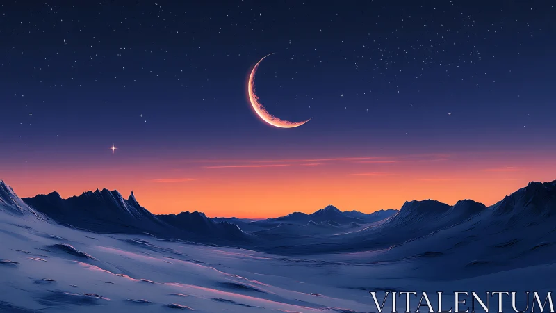 Gentle crescent moon shining over a tranquil snowy valley.