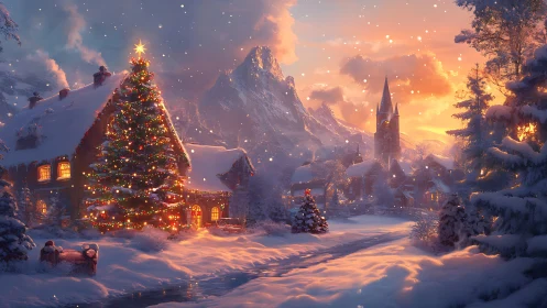 Snowlit village Christmas glow under storybook mountains.