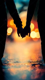 Silhouetted couple holds hands against golden citylight bokeh.