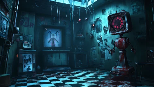 Bloodstained broadcast room with eerie retro robot sentinel.