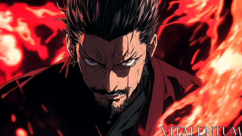 Intense anime warrior with blazing red fire aura focus.