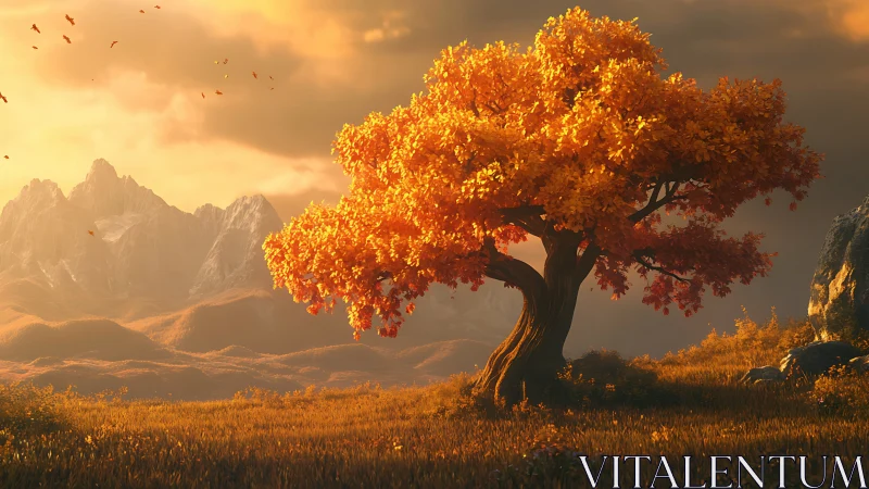 Ember crowned tree dreaming beneath molten autumn skies.