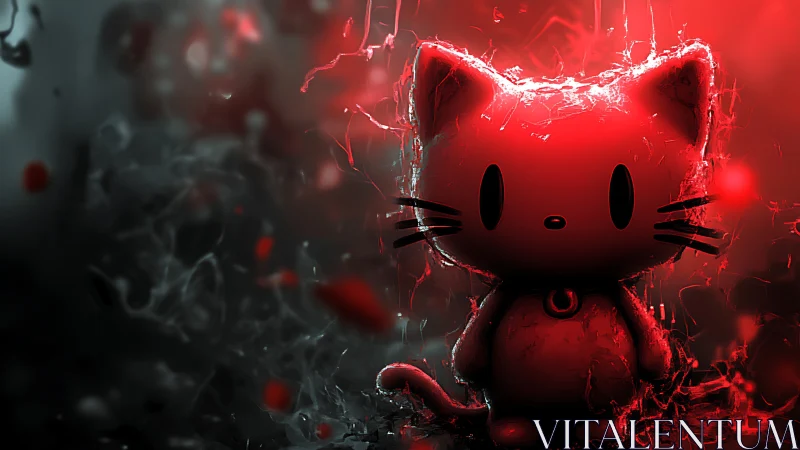 Red Luminous Cat Sculpture: Cyberpunk Digital Rendering.