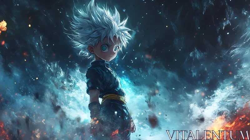 White haired anime boy stands in swirling blue firestorm